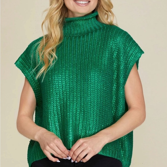 Green Metallic Foil Mock Sweater Top - Size L - Picture 1 of 6